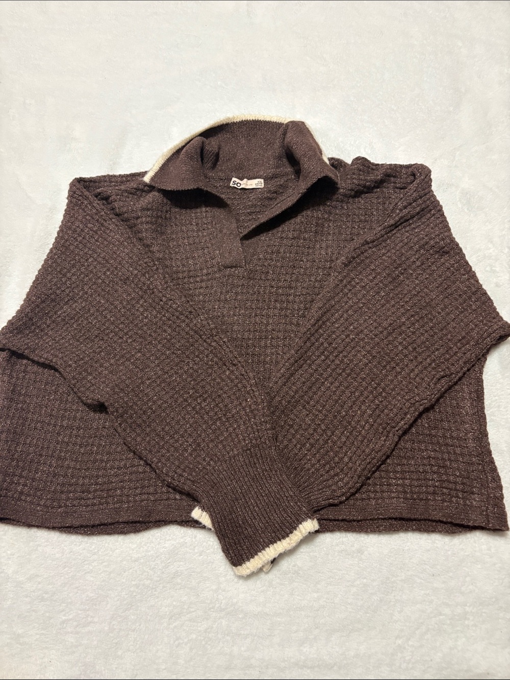 SO Women's Brown Waffle-Knit Sweater with Cream Trim